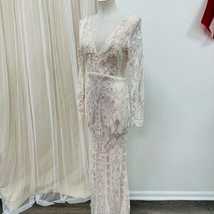 NYE Long Sleeve Ivory and Silver Sequin Evening Gown Dress Sz Small